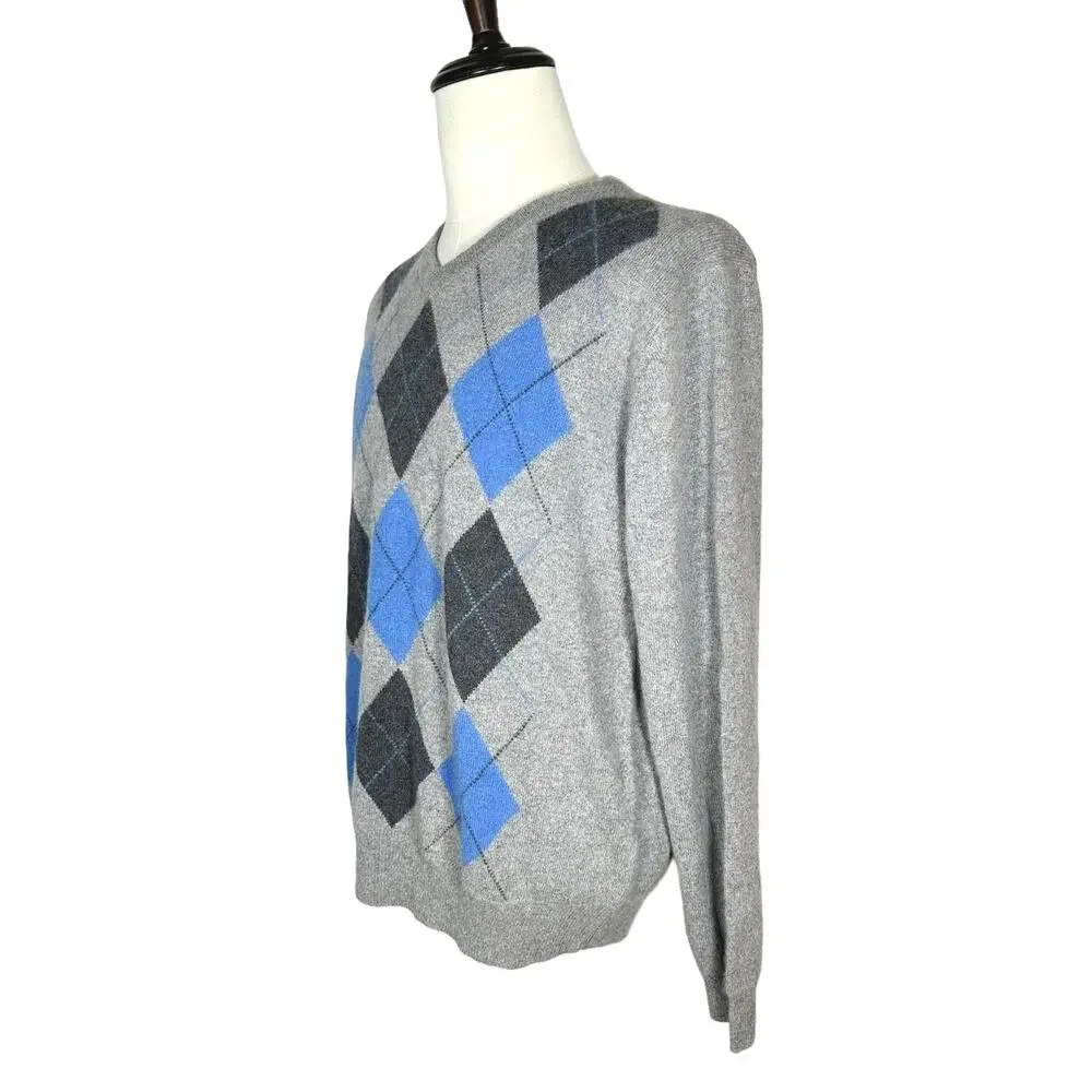 Allen Solly | Men | 100% 2-Ply Cashmere Gray Argyle V-Neck Sweater | Size Large
